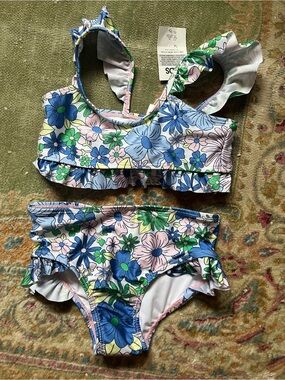 Kids Floral Ruffle Two-Piece Swimsuit - Multi Blue & Green